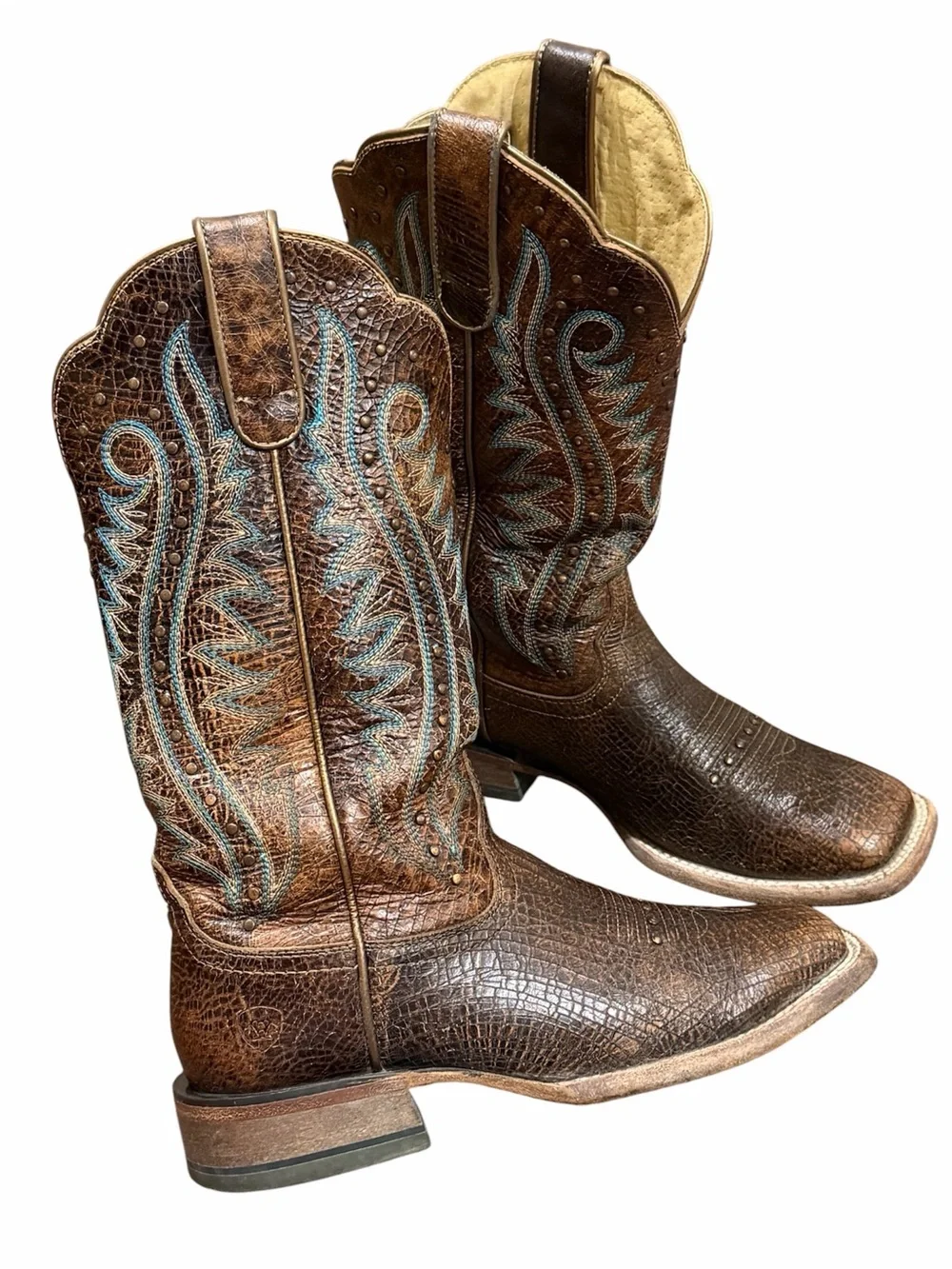 Ariat Brown montage crackle Western Cowboy Boots Turquoise Stitching size 7.5